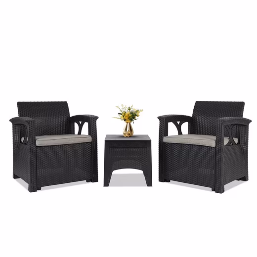 Balcony set, garden furniture set, polyrattan lounge set, 2 chairs with table & cushions
