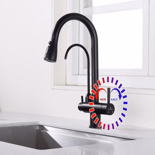 Kitchen faucet, 3-way tap, kitchen drinking water tap with pull-out spray head 360° Swivel 3-in-1 Kitchen Faucet Black 2 Handles - Image 3