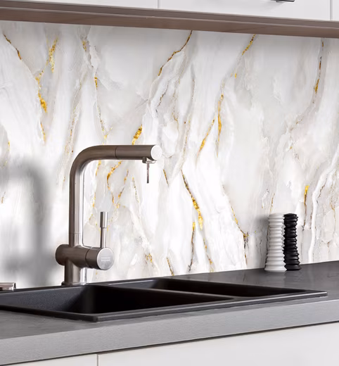Kitchen backsplash, self-adhesive marble white gold splash guard film (Adhesive film cut to size and rolled up, W 60 cm x H 60 cm), Marble White Gold W 60 cm x H 60 cm