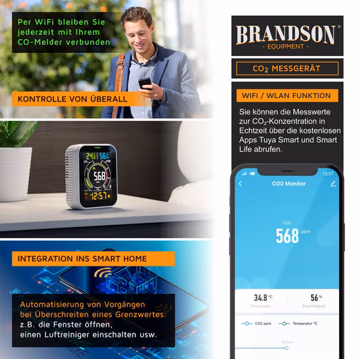 Indoor air quality sensor CO2 meter, air quality tester with Wi-Fi, app, carbon dioxide sensor (1 pc), room air ventilation recommendation, temperature/humidity, wake-up function - Image 2