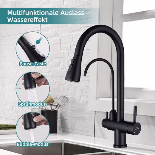 Kitchen faucet, 3-way tap, kitchen drinking water tap with pull-out spray head 360° Swivel 3-in-1 Kitchen Faucet Black 2 Handles - Image 4