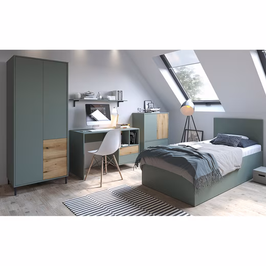 PARMA-129 Youth bedroom set (Value set, 5-piece, wardrobe, desk, wall panel, chest of drawers, bed frame), in grey-green with oak finish, 90x200 cm sleeping area