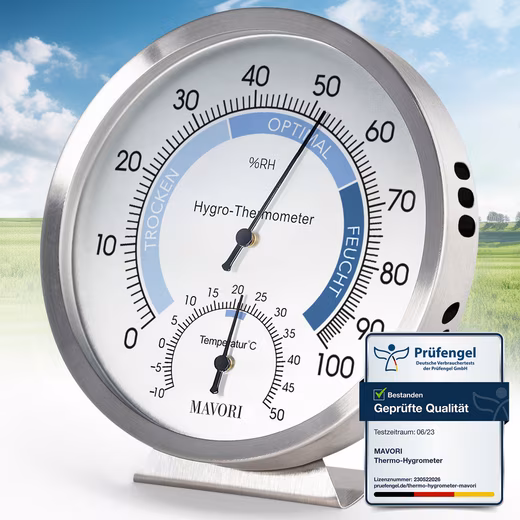 Hygrometer with thermometer analogue made of stainless steel - precise and stylish - Ø 12.5cm
