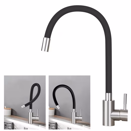 Kitchen faucet, kitchen sink faucet made of stainless steel, hot & cold water (Set, 1 pc., stainless steel mixer tap with hose) 360° swivel