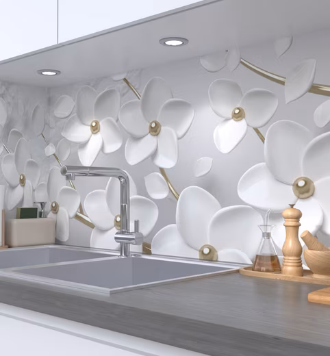 Kitchen backsplash, self-adhesive kitchen backsplash, blooming flowering tree splash guard film (Adhesive film cut to size and rolled up, W 60 cm x H 60 cm), tree gold white W 60 cm x H 60 cm
