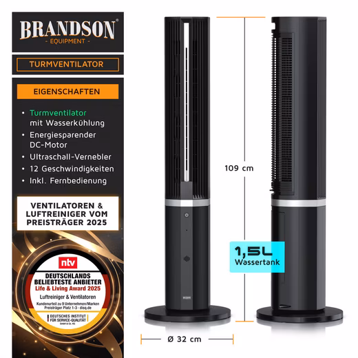 Tower fan, portable air cooler, water cooling, air conditioner, timer, DC motor, 55W Award winner 2025, humidifier, quiet fan, 12 speeds, GS-certified