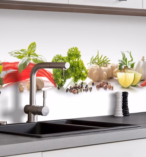 Kitchen backsplash, self-adhesive kitchen backsplash, spices, vegetables, splash guard film (Adhesive film cut to size and rolled up, 60 cm wide x 60 cm high), spices, vegetables, 60 cm wide x 60 cm high