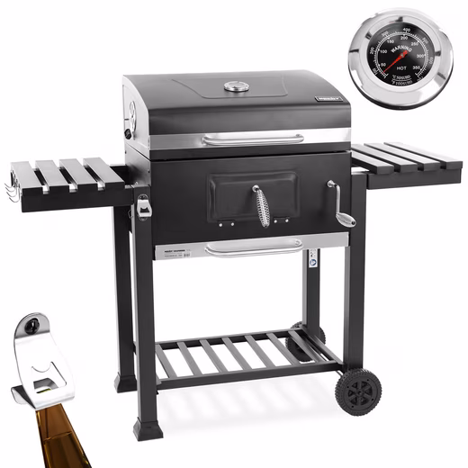 XXL charcoal grill with lid, thermometer, transport wheels integrated bottle opener, ash drawer