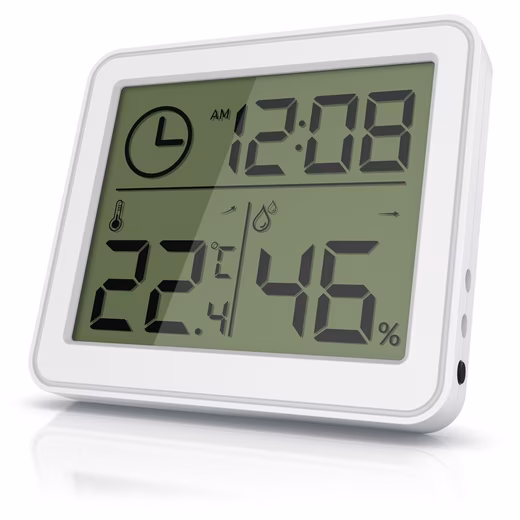 Indoor weather station with humidity and temperature measurement and LCD display Indoor humidity and temperature meter with LCD display, indoor weather station (holding magnet, room thermometer/hygrometer and time, stand, magnet and eyelet)
