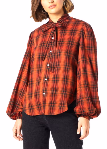 Ruffled blouse, checked relaxed fit shirt with ruffled collar, relaxed fit