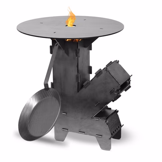 Czaja® fire bowl rocket stove including grill plate and iron frying pan