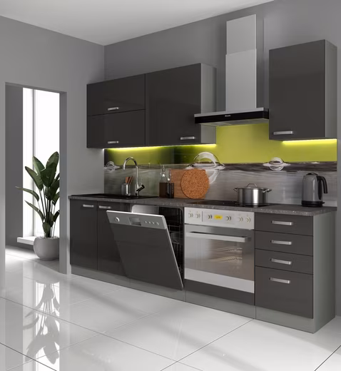 Bianca Basic II 240 cm high-gloss grey kitchen unit, fitted kitchen