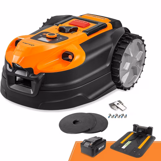 Robotic lawnmower without boundary wire, with 2Ah battery