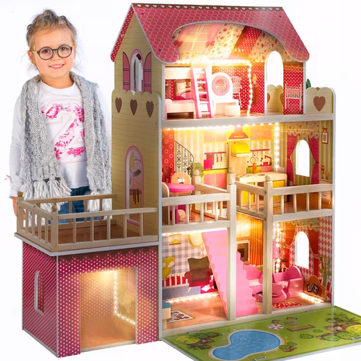 Dollhouse Wooden Villa – 3 Floors with LED Lights – Playhouse with Garage
