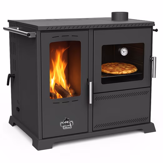 Wood-burning stove, hybrid pellet and wood combination stove with baking compartment and hob
