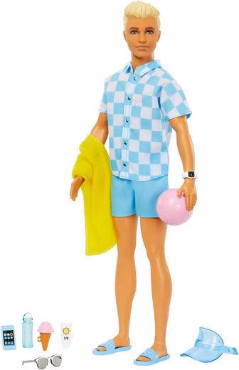 Blonde Ken doll with swim trunks and beach accessories