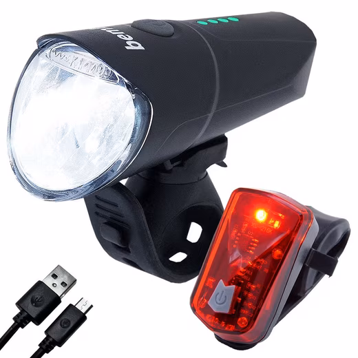 LED bicycle light set with USB rechargeable battery, StVZO compliant