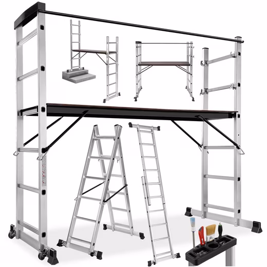Telescopic ladder, multi-purpose ladder, multi-scaffold, ladder scaffold with 2 practical wheels Non-slip and stable, made of aluminium, load capacity 150 kg
