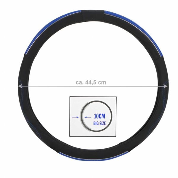 Steering wheel cover for trucks, made of synthetic leather; the steering wheel cover protects and improves the steering wheel.