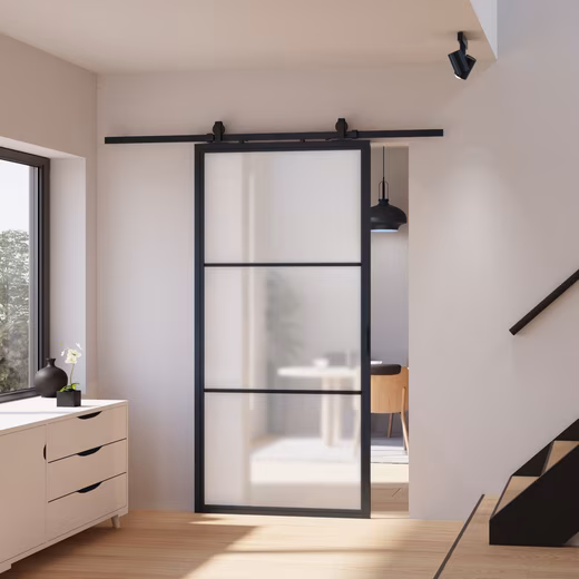 Sliding glass door frosted glass with black steel frame