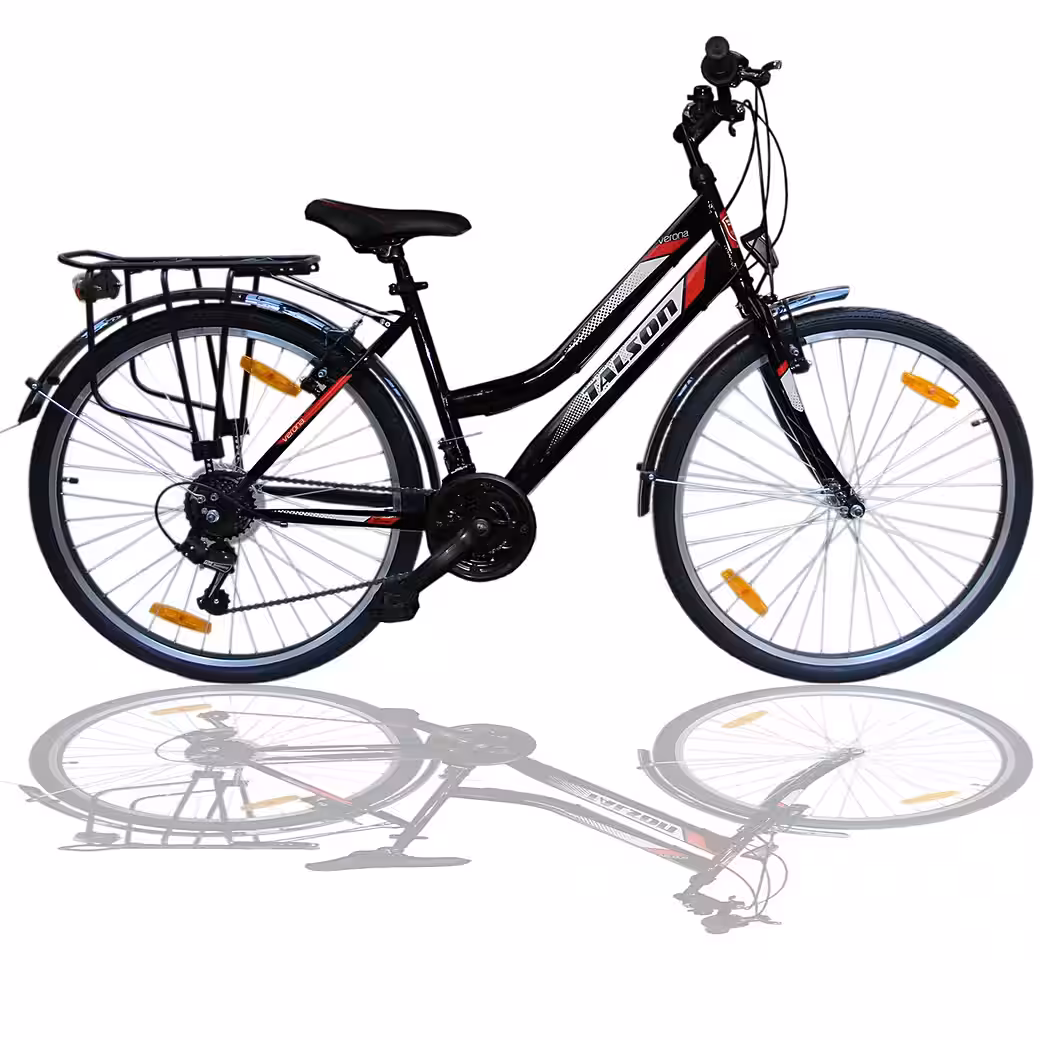 28-inch City Bike 21-speed Shimano derailleur gears, with lighting according to German road traffic regulations (StVZO) and luggage rack, black