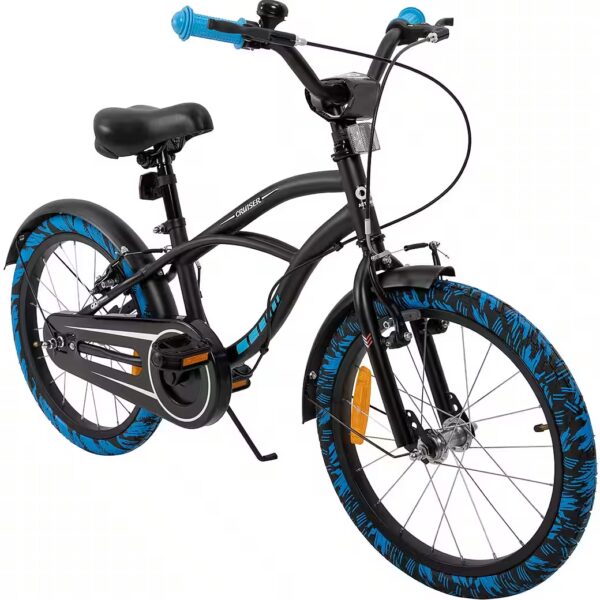 Children's bicycle, children's cruiser bike, 18 inch - from 5 years 1-speed, no gears, (trapezoidal frame, V-brakes, max. load 35 kg, black/blue, 1-piece, bell, chain guard, reflectors, cat's eyes, kickstand), height-adjustable bike for boys and girls, children's bike from 110 cm