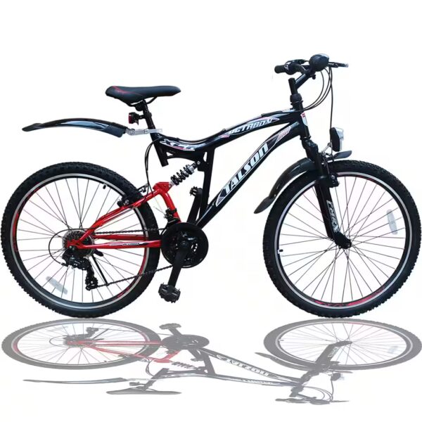 Mountain bike 26 inch bicycle with 21-speed Shimano, derailleur gears, with lighting according to German road traffic regulations (StVZO) and full suspension, black-red