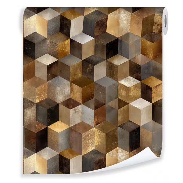 Brown non-woven wallpaper, geometric abstract design, for living room or bedroom, 3D effect