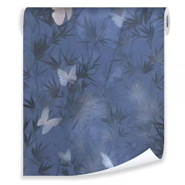 Non-woven wallpaper, blue and white butterflies, for living room or bedroom, 3D effect