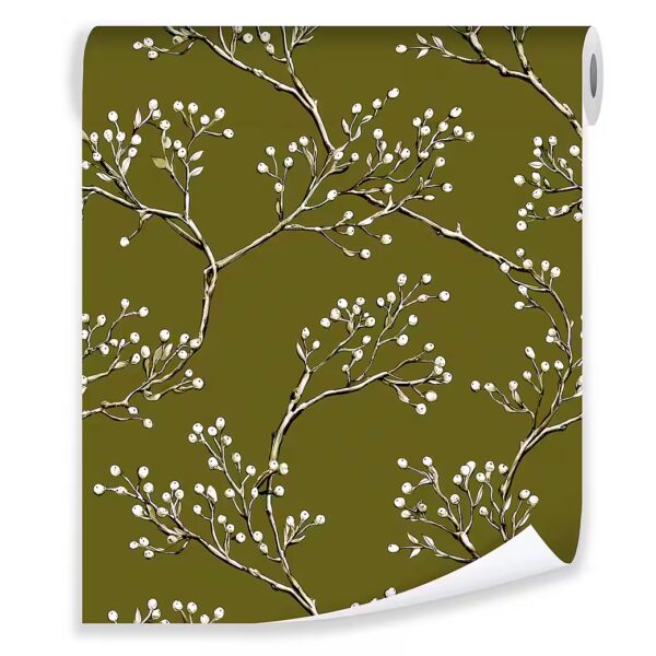 Non-woven wallpaper, green and white berries and branches, living room/bedroom wallpaper, 3D effect