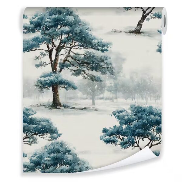 Non-woven wallpaper, blue, snow, trees, nature, living room, bedroom, wallpaper, 3D effect
