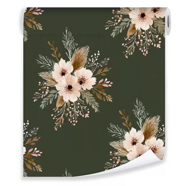 Non-woven wallpaper, green and pink flowers and leaves, for living room and bedroom, 3D effect