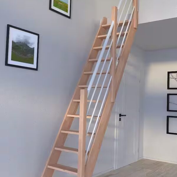 Space-saving staircase, beech wood 3000 with wood and stainless steel railing in white, right side