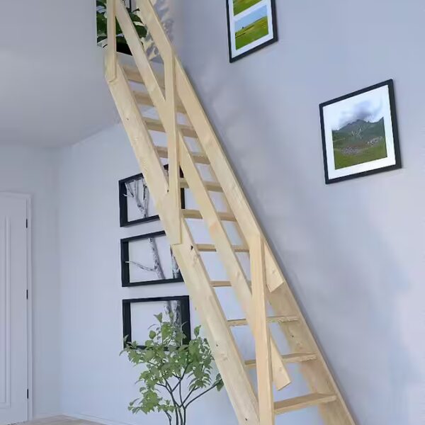 Space-saving staircase, spruce, 2000, straight wooden railing (2 crossbars)