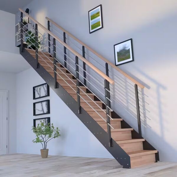 Space-saving steel staircase KOS in anthracite (oiled beech) with metal railing and 8