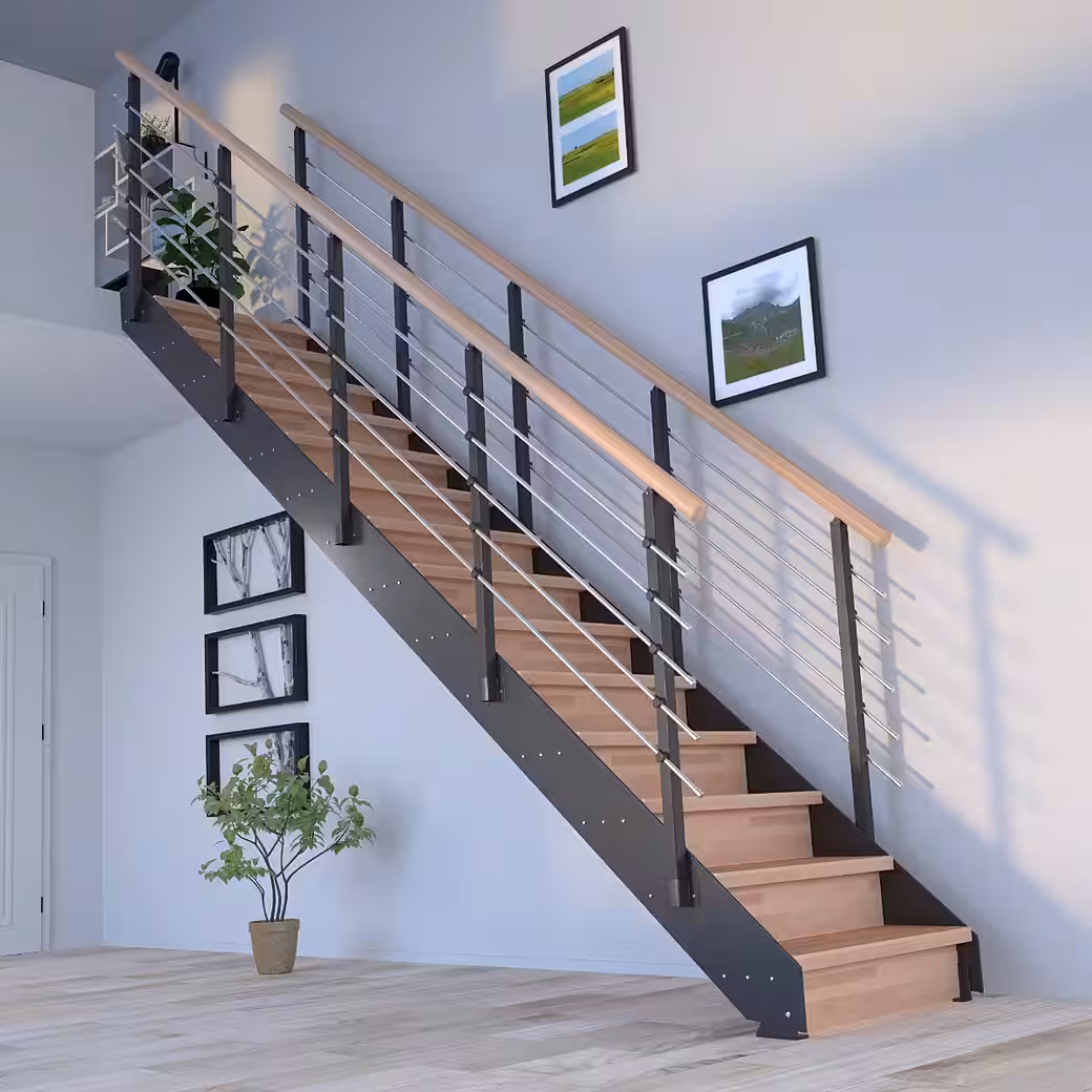 Space-saving steel staircase KOS in anthracite (oiled beech) with metal railing and 8