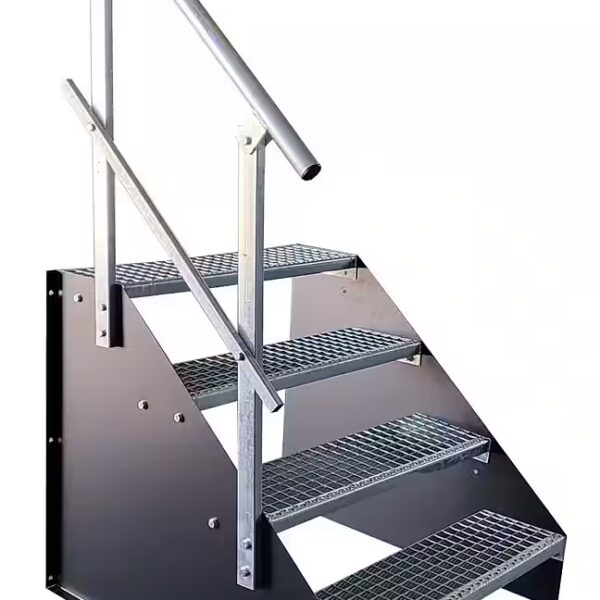 Outdoor staircase, 4 steps, freestanding, 60 cm wide, 84 cm high, black, with railing.