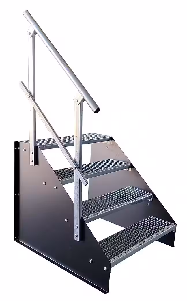 Outdoor staircase, 4 steps, freestanding, 60 cm wide, 84 cm high, black, with railing.