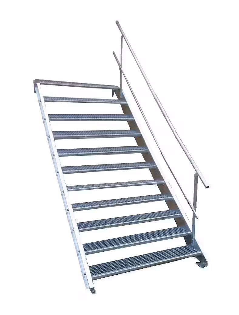 Exterior staircase, 11 steps, steel staircase, single-sided. Railing width 90 cm, height 165-220 cm.