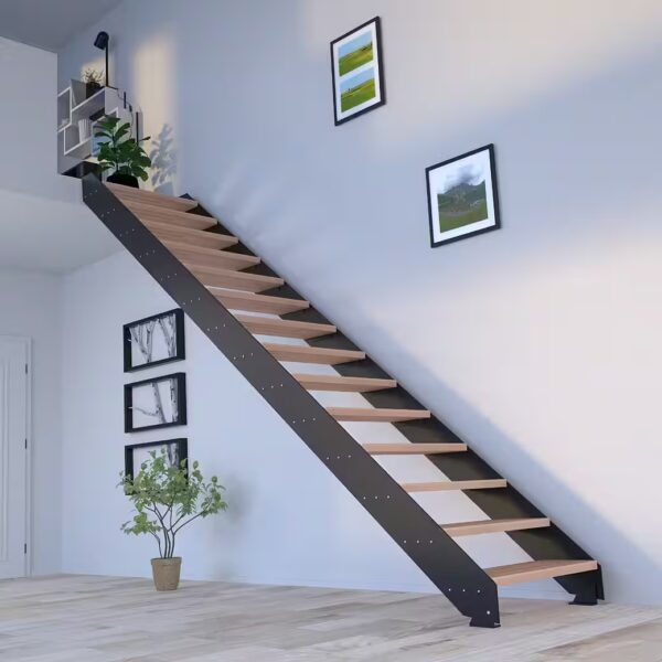 Space-saving steel staircase KOS in black (beech lacquered) without railing and 7 steps