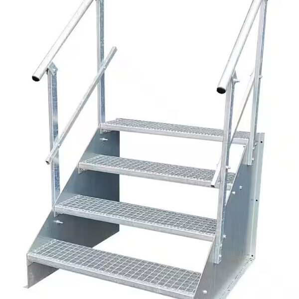 Outdoor staircase, 4 steps, freestanding, 80cm wide, 63cm high, galvanized, with railings on both sides.