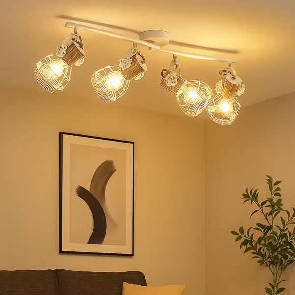 Ceiling spotlight Light bulbs not included, 4-light metal ceiling spotlight, wood ceiling light, E27 socket