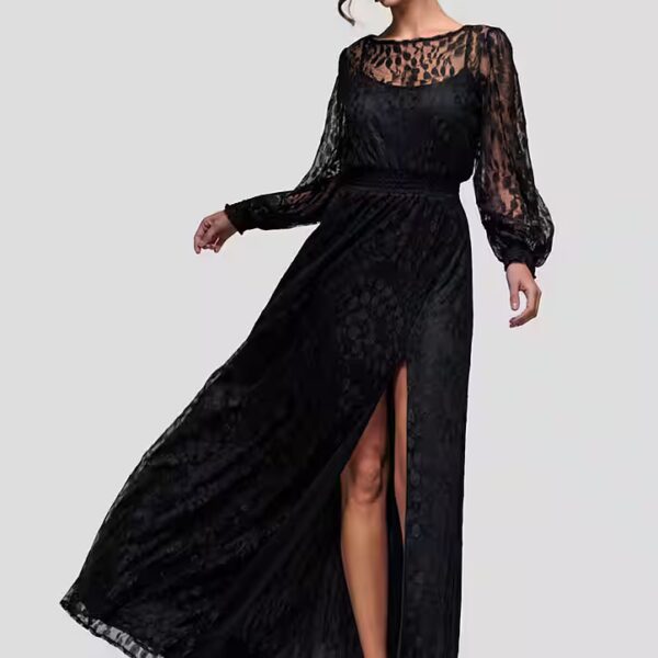 Maxi Dress Lace Long Sleeve Shirred Waist Maxi Dress