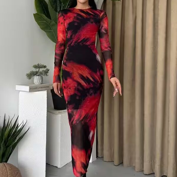 Women's Evening Dress, Flexible Fabric, Round Neck, Long Sleeve Maxi Evening Dress