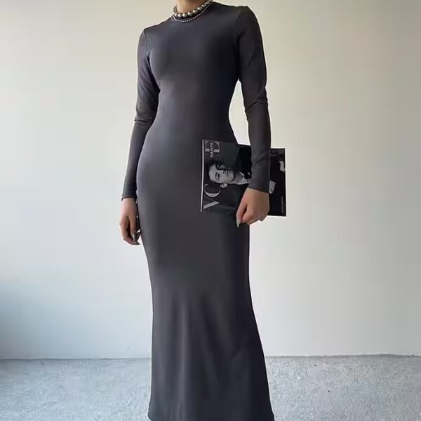 Women's Evening Dress, Flexible Fabric, Round Neck, Long Sleeve Maxi Evening Dress