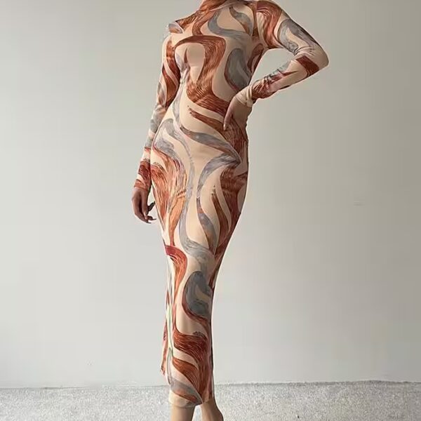 Women's Evening Dress, Flexible Fabric, Round Neck, Long Sleeve Maxi Evening Dress