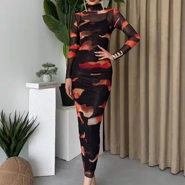 Women's Evening Dress, Flexible Fabric, Round Neck, Long Sleeve Maxi Evening Dress