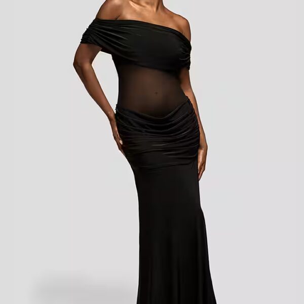 Maxi Dress Gathered Off The Shoulder Mesh Waist Panel Maxi Dress