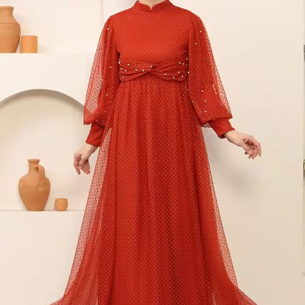 Evening dress, chic tulle detail abaya in brick red - MSW12238-4