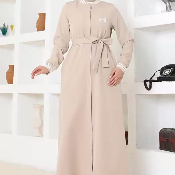 Maxi dress, beige, ribbed, button-front abaya MSW19214-3